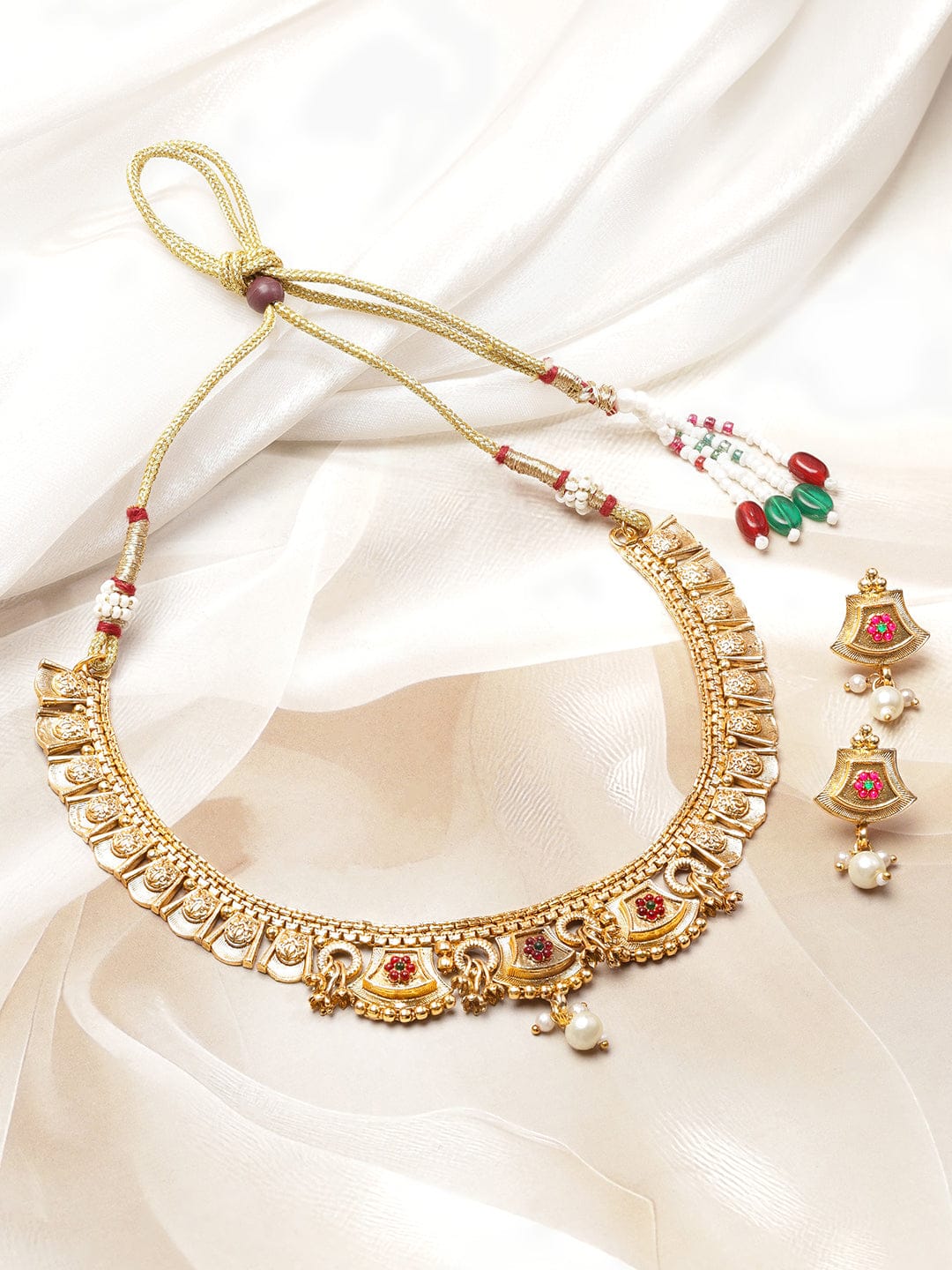 Rubans 22K Gold-Plated Ruby Red Enamel Pearl Beaded Brass Temple Necklace Set Jewellery Set