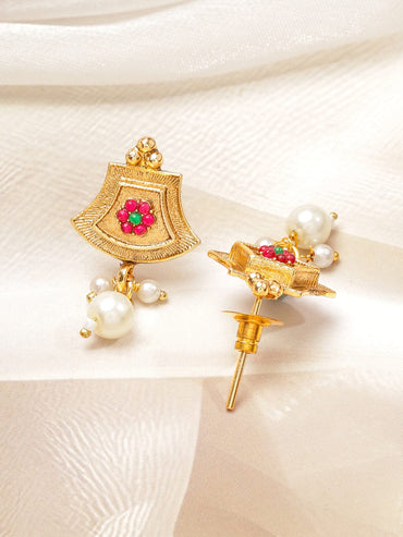 Rubans 22K Gold-Plated Ruby Red Enamel Pearl Beaded Brass Temple Necklace Set Jewellery Set