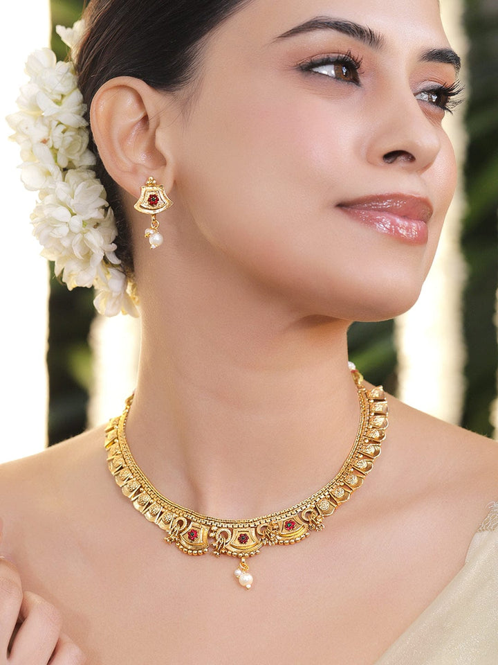 Rubans 22K Gold-Plated Ruby Red Enamel Pearl Beaded Brass Temple Necklace Set Jewellery Set