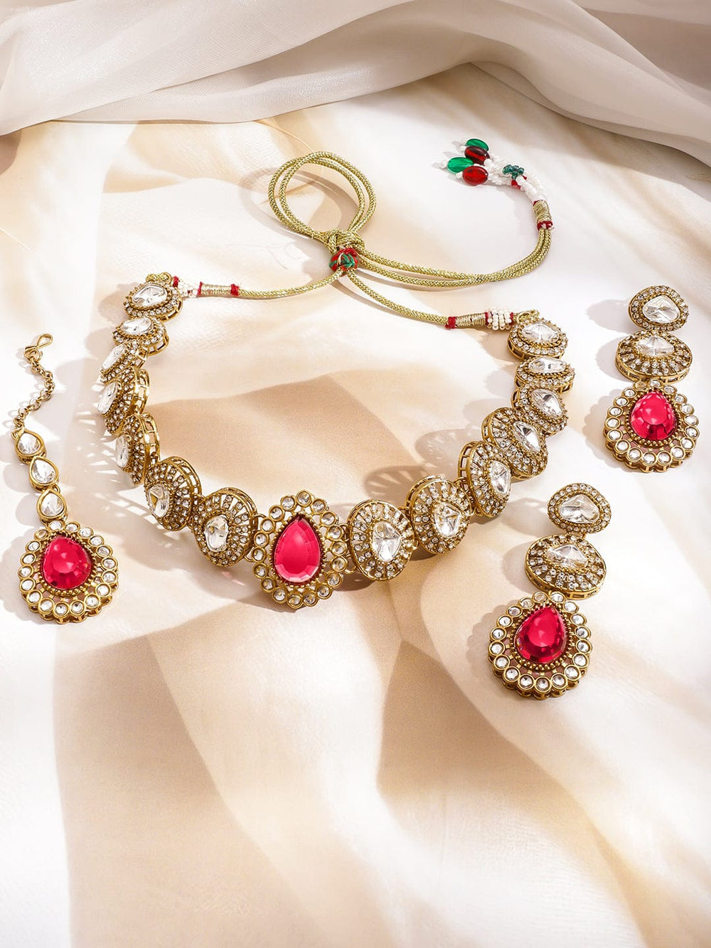 Rubans 22K Gold-Plated Ruby Red Gemstone & Cubic Zirconia Choker Necklace Set Jewellery Set