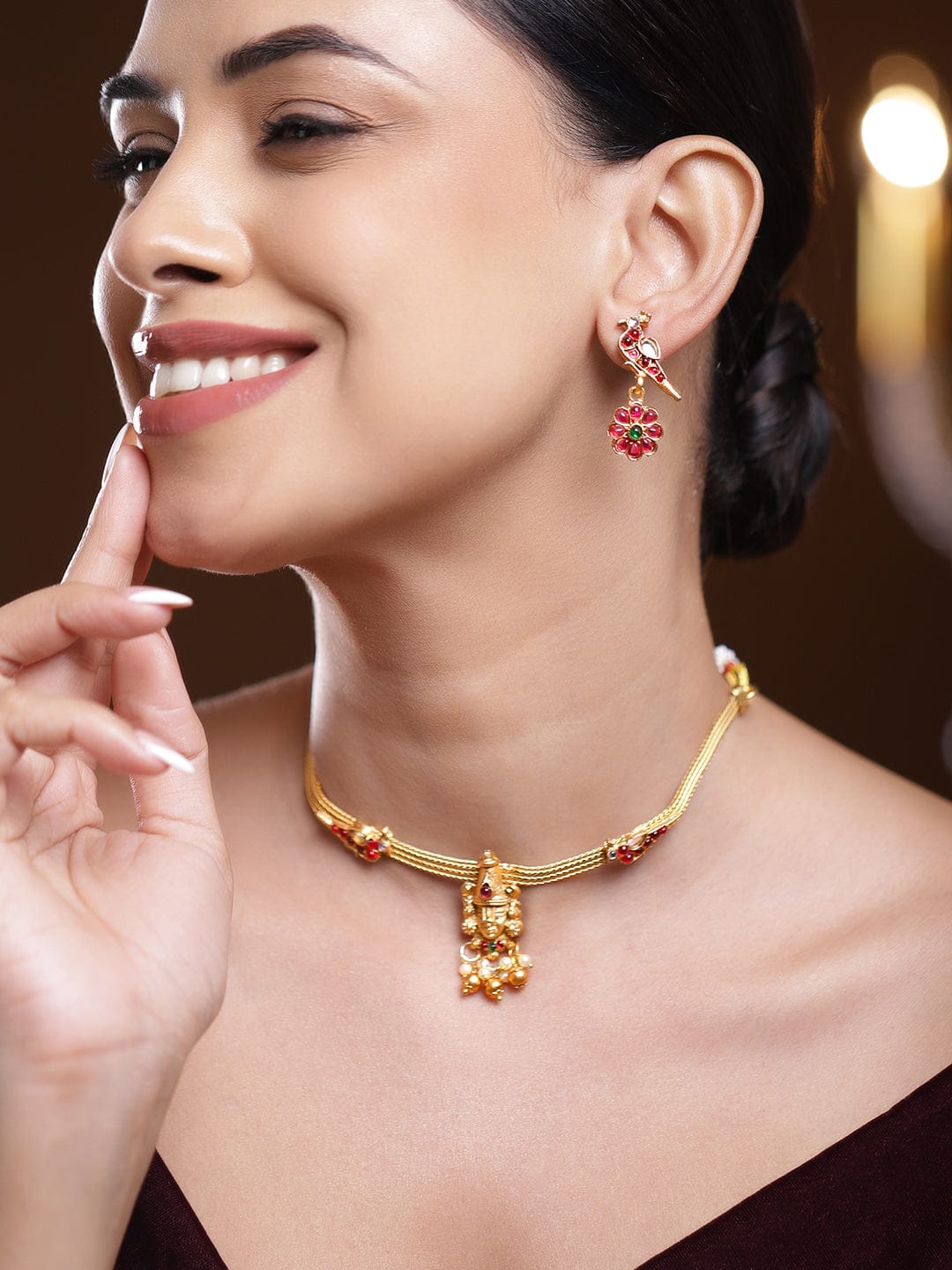 Rubans 22K Gold-Plated Ruby Red & Green Stone Studded Lord Balaji Temple Choker Jewellery Set Jewellery Set