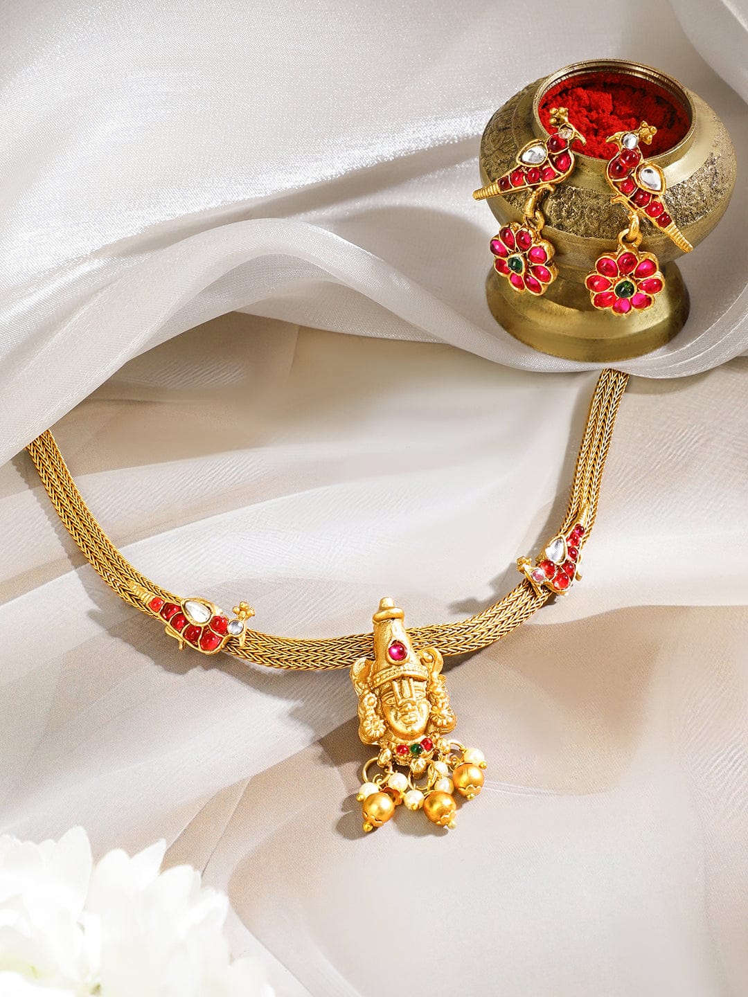 Rubans 22K Gold-Plated Ruby Red & Green Stone Studded Lord Balaji Temple Choker Jewellery Set Jewellery Set