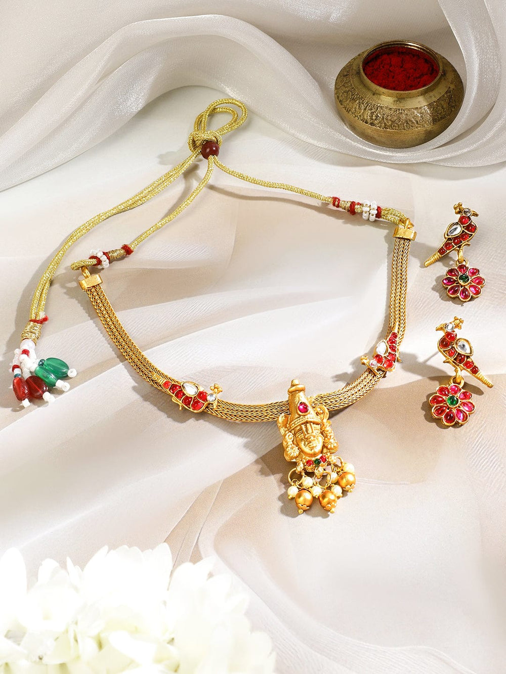 Rubans 22K Gold-Plated Ruby Red & Green Stone Studded Lord Balaji Temple Choker Jewellery Set Jewellery Set