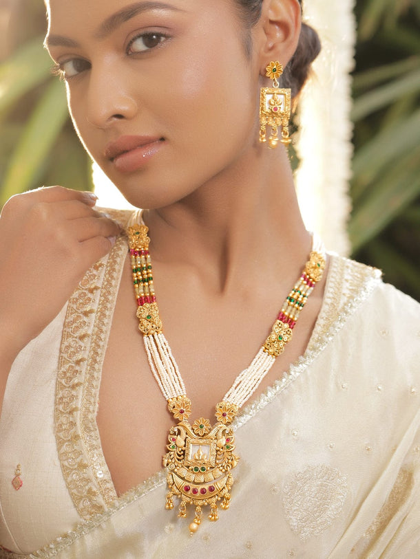 Rubans 22K Gold-Plated Ruby Red & Green Stone Studded Multi-Strand Beaded Long Necklace Set with Pearls & Golden Beads Jewellery Set
