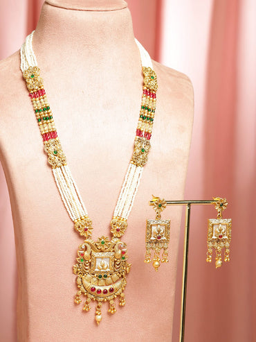 Rubans 22K Gold-Plated Ruby Red & Green Stone Studded Multi-Strand Beaded Long Necklace Set with Pearls & Golden Beads Jewellery Set