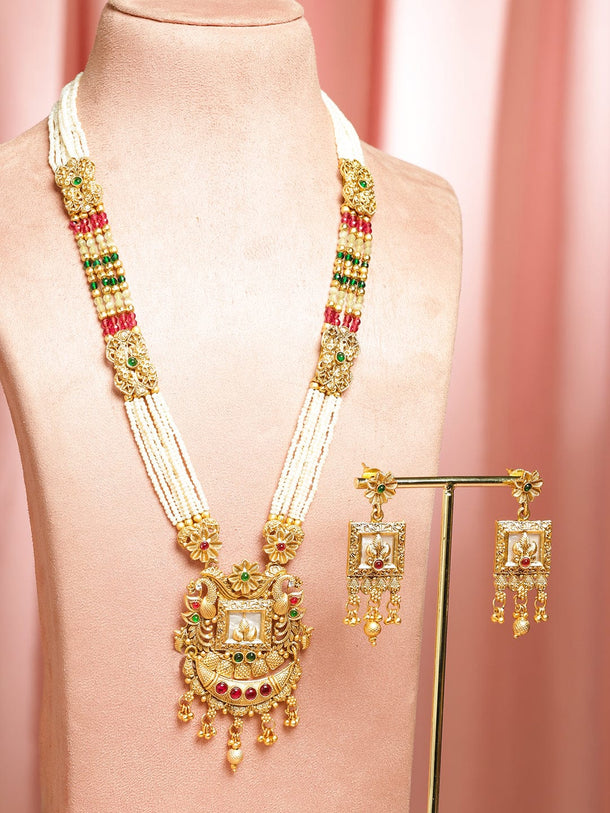 Rubans 22K Gold-Plated Ruby Red & Green Stone Studded Multi-Strand Beaded Long Necklace Set with Pearls & Golden Beads Jewellery Set