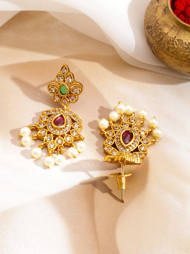 Rubans 22K Gold-Plated Ruby Red Multi-Strand Beaded Necklace Set with Cubic Zirconia & Pearl Drops Jewellery Set