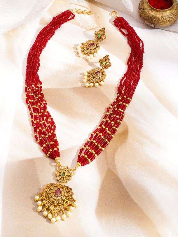 Rubans 22K Gold-Plated Ruby Red Multi-Strand Beaded Necklace Set with Cubic Zirconia & Pearl Drops Jewellery Set