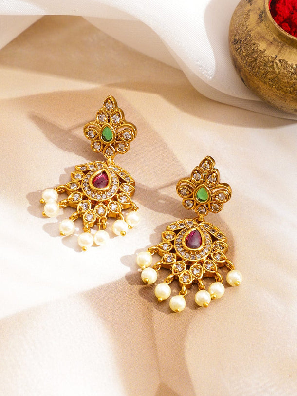 Rubans 22K Gold-Plated Ruby Red Multi-Strand Beaded Necklace Set with Cubic Zirconia & Pearl Drops Jewellery Set