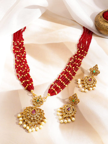 Rubans 22K Gold-Plated Ruby Red Multi-Strand Beaded Necklace Set with Cubic Zirconia & Pearl Drops Jewellery Set