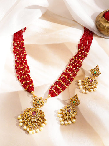 Rubans 22K Gold-Plated Ruby Red Multi-Strand Beaded Necklace Set with Cubic Zirconia & Pearl Drops Jewellery Set