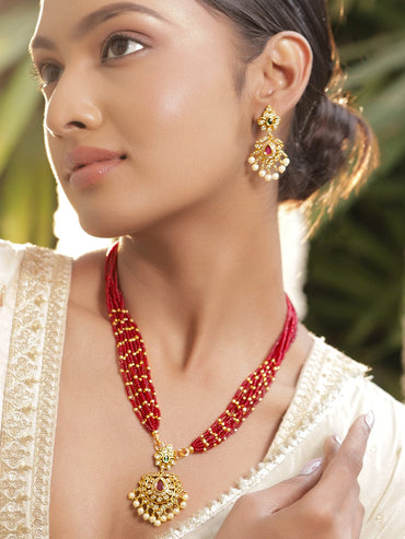 Rubans 22K Gold-Plated Ruby Red Multi-Strand Beaded Necklace Set with Cubic Zirconia & Pearl Drops Jewellery Set