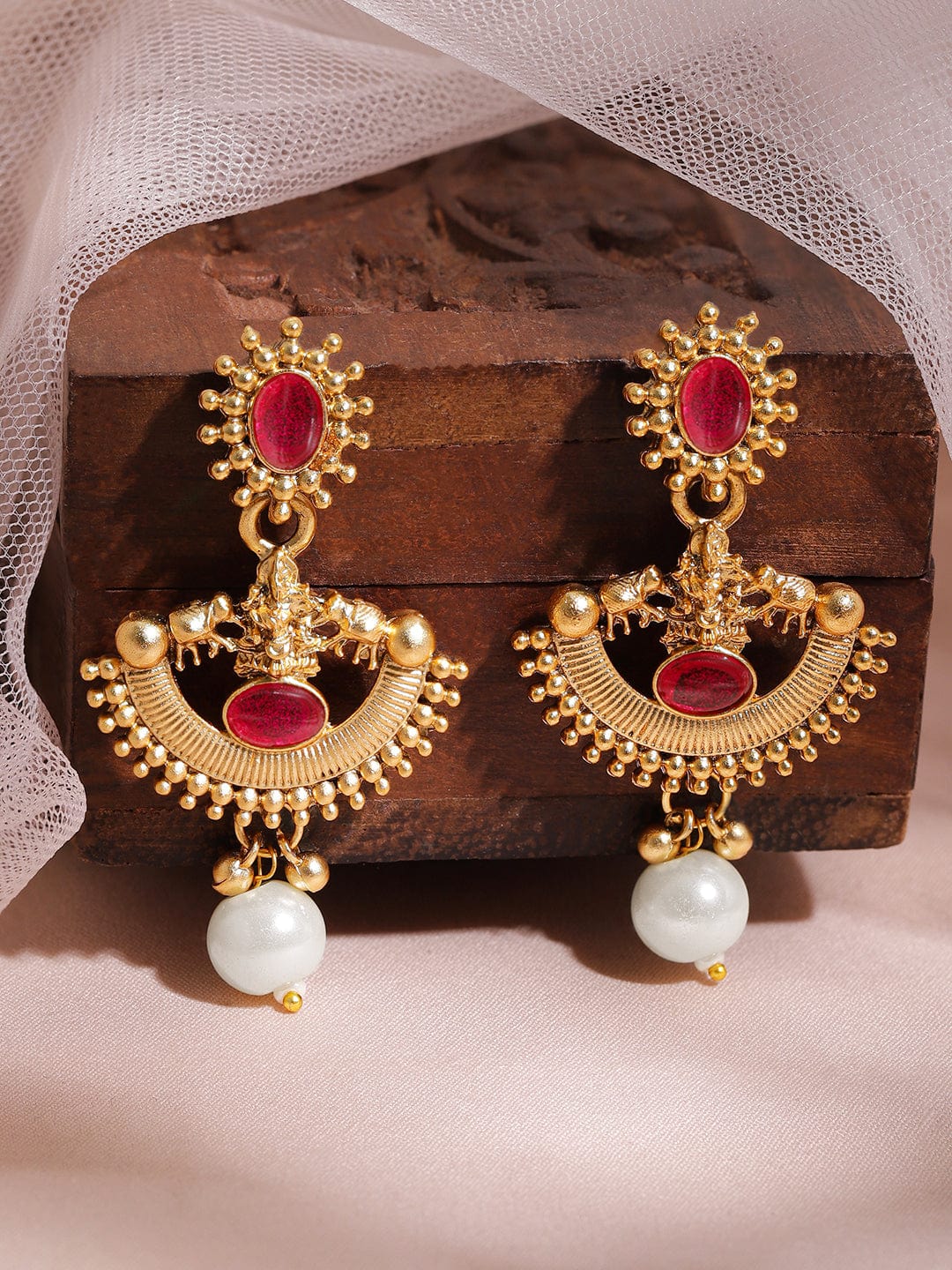 Rubans 22K Gold-Plated Ruby Red & Pearl Beaded Statement Necklace Set with Earrings Necklace Set