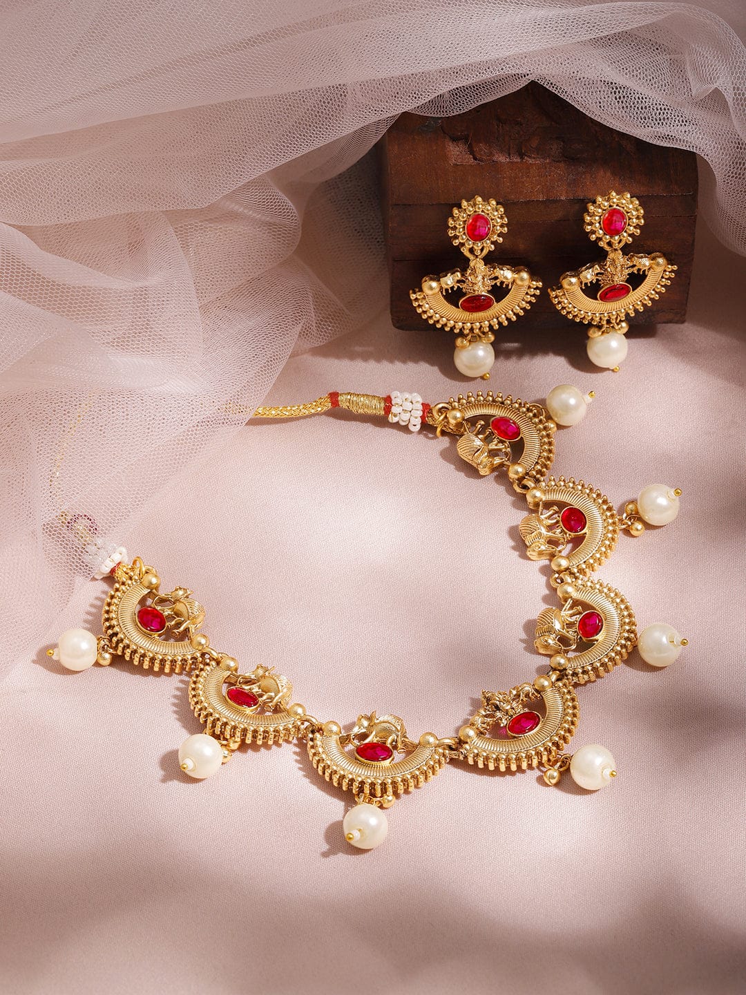 Rubans 22K Gold-Plated Ruby Red & Pearl Beaded Statement Necklace Set with Earrings Necklace Set