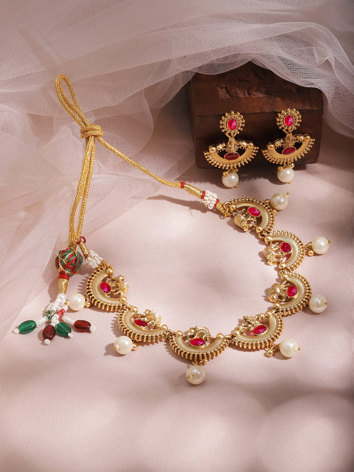 Rubans 22K Gold-Plated Ruby Red & Pearl Beaded Statement Necklace Set with Earrings Necklace Set