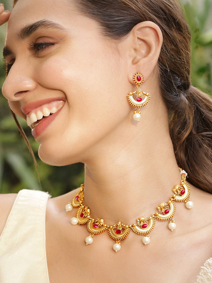 Rubans 22K Gold-Plated Ruby Red & Pearl Beaded Statement Necklace Set with Earrings Necklace Set