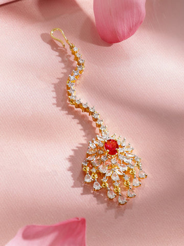 Rubans 22K Gold-Plated Ruby Red Stone & Cubic Zirconia Studded Designer Maang Tikka Head Jewellery