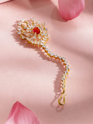 Rubans 22K Gold-Plated Ruby Red Stone & Cubic Zirconia Studded Designer Maang Tikka Head Jewellery