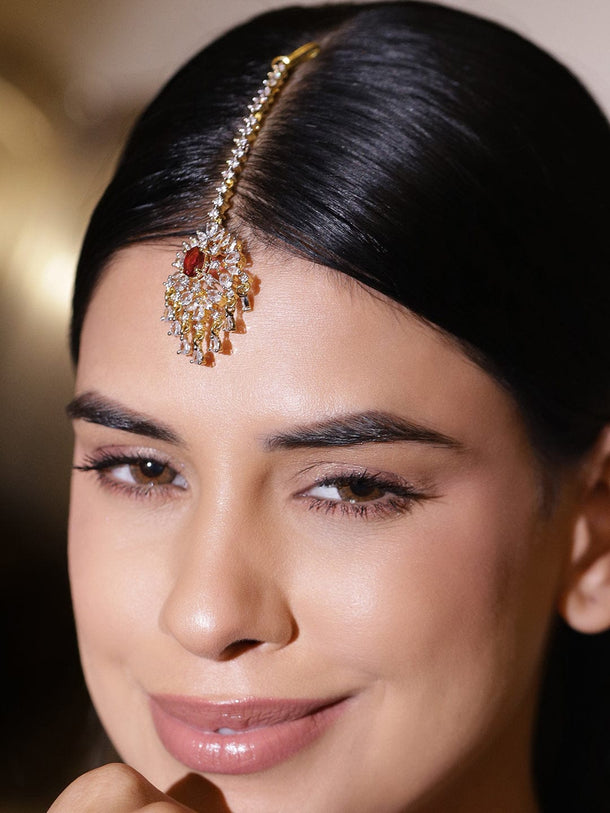 Rubans 22K Gold-Plated Ruby Red Stone & Cubic Zirconia Studded Designer Maang Tikka Head Jewellery
