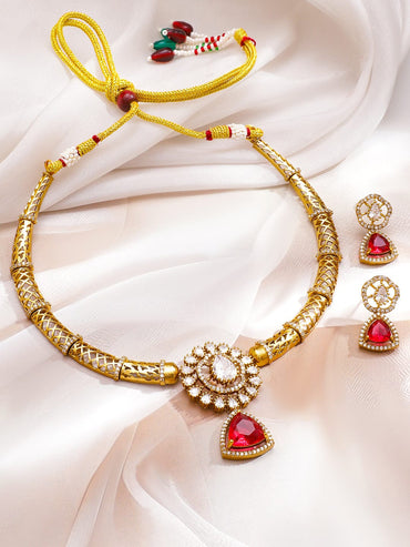 Rubans 22K Gold-Plated Ruby Red Stone & Cubic Zirconia Studded Designer Necklace Set Jewellery Set
