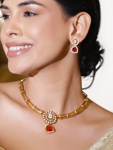 Rubans 22K Gold-Plated Ruby Red Stone & Cubic Zirconia Studded Designer Necklace Set Jewellery Set