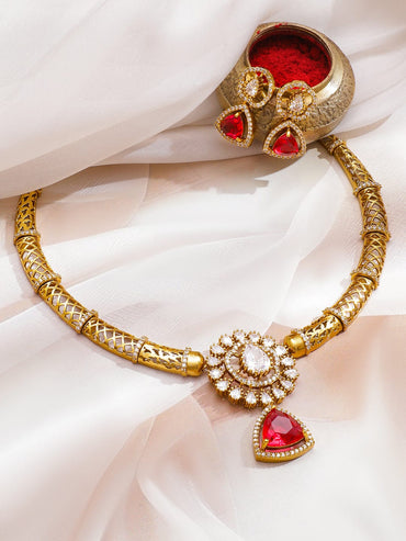 Rubans 22K Gold-Plated Ruby Red Stone & Cubic Zirconia Studded Designer Necklace Set Jewellery Set