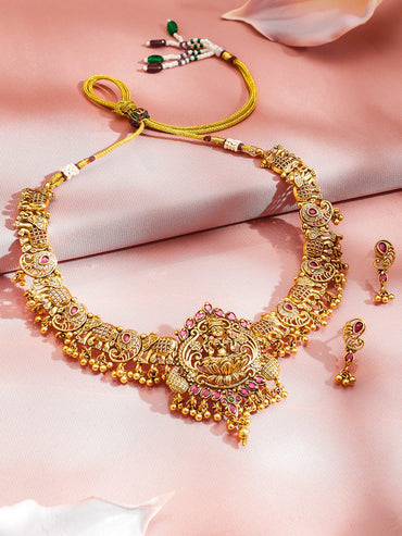 Rubans 22K Gold-Plated Ruby Red Stone & Golden Beads Lakshmi Motif Temple Necklace Set Jewellery Set