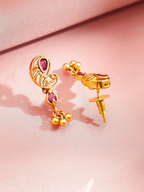 Rubans 22K Gold-Plated Ruby Red Stone & Golden Beads Lakshmi Motif Temple Necklace Set Jewellery Set