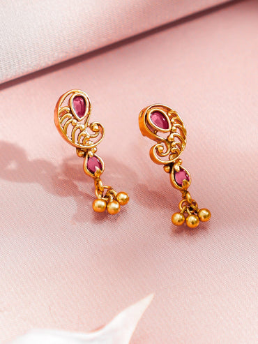 Rubans 22K Gold-Plated Ruby Red Stone & Golden Beads Lakshmi Motif Temple Necklace Set Jewellery Set