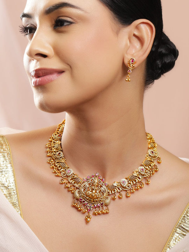Rubans 22K Gold-Plated Ruby Red Stone & Golden Beads Lakshmi Motif Temple Necklace Set Jewellery Set