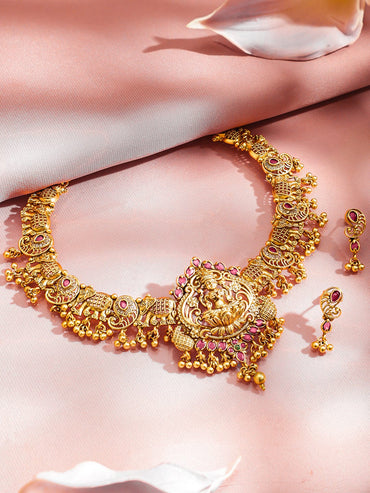 Rubans 22K Gold-Plated Ruby Red Stone & Golden Beads Lakshmi Motif Temple Necklace Set Necklace Set