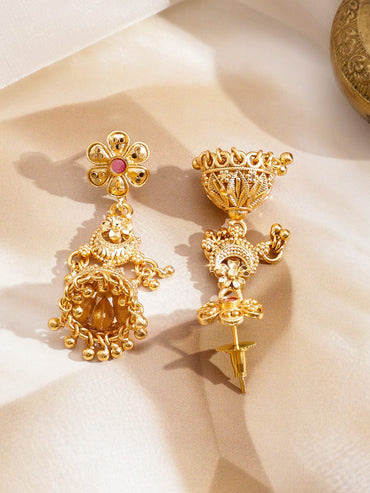 Rubans 22K Gold-Plated Ruby Red Stone & Golden Beads Layerd Floral Motif Jewellery Set Jewellery Set