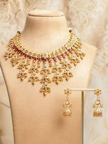 Rubans 22K Gold-Plated Ruby Red Stone & Golden Beads Layerd Floral Motif Jewellery Set Jewellery Set