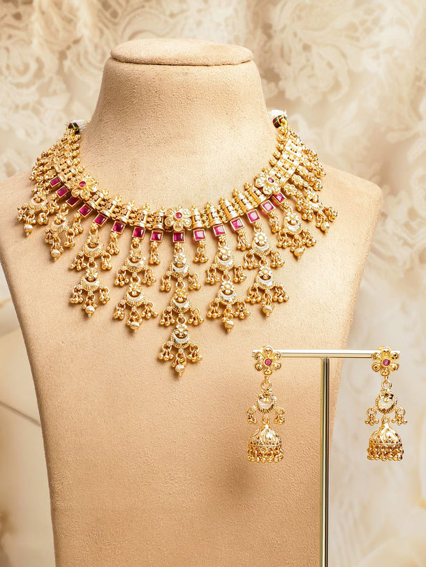 Rubans 22K Gold-Plated Ruby Red Stone & Golden Beads Layerd Floral Motif Jewellery Set Jewellery Set
