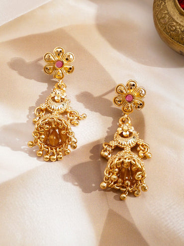 Rubans 22K Gold-Plated Ruby Red Stone & Golden Beads Layerd Floral Motif Jewellery Set Jewellery Set