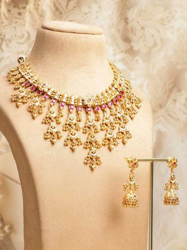 Rubans 22K Gold-Plated Ruby Red Stone & Golden Beads Layerd Floral Motif Jewellery Set Jewellery Set