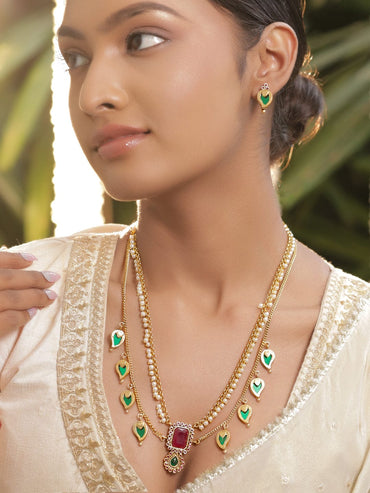 Rubans 22K Gold-Plated Ruby Red Stone & Green Enamel Drop Dual-Layer Pearl Beaded Necklace Set Necklace Set