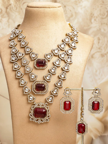 Rubans 22K Gold-Plated Ruby Red Stone Multilayer White Kundan & Cubic Zirconia Necklace Set Jewellery Set