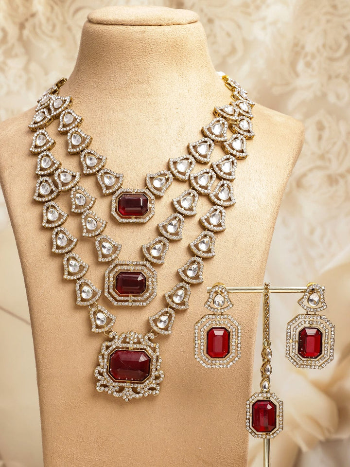 Rubans 22K Gold-Plated Ruby Red Stone Multilayer White Kundan & Cubic Zirconia Necklace Set Jewellery Set