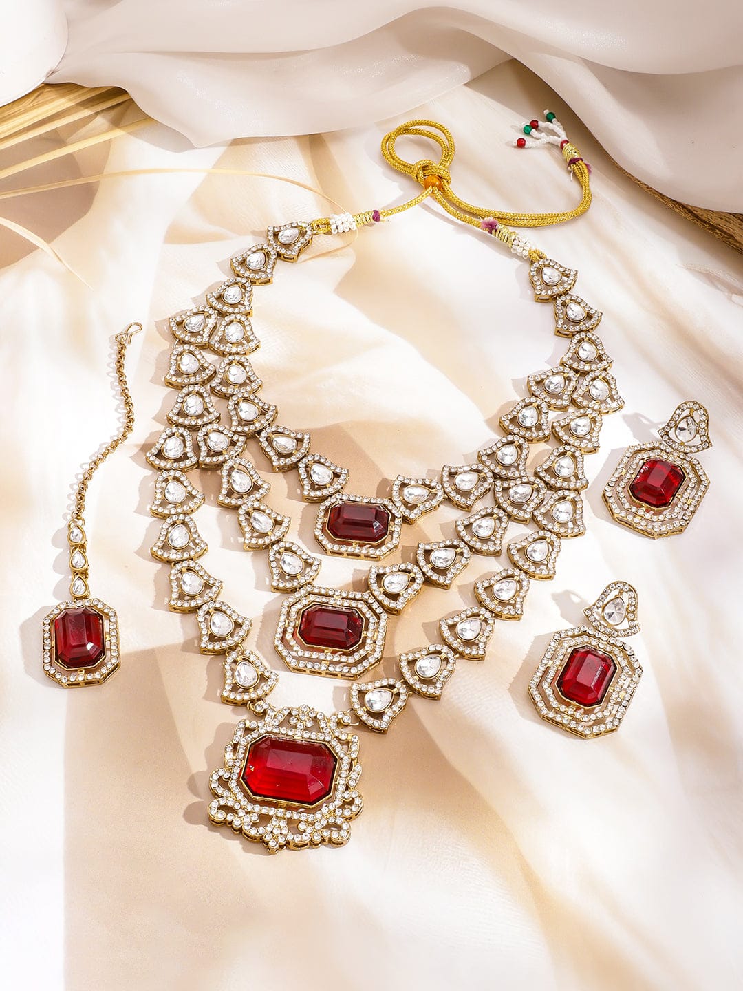 Rubans 22K Gold-Plated Ruby Red Stone Multilayer White Kundan & Cubic Zirconia Necklace Set Jewellery Set