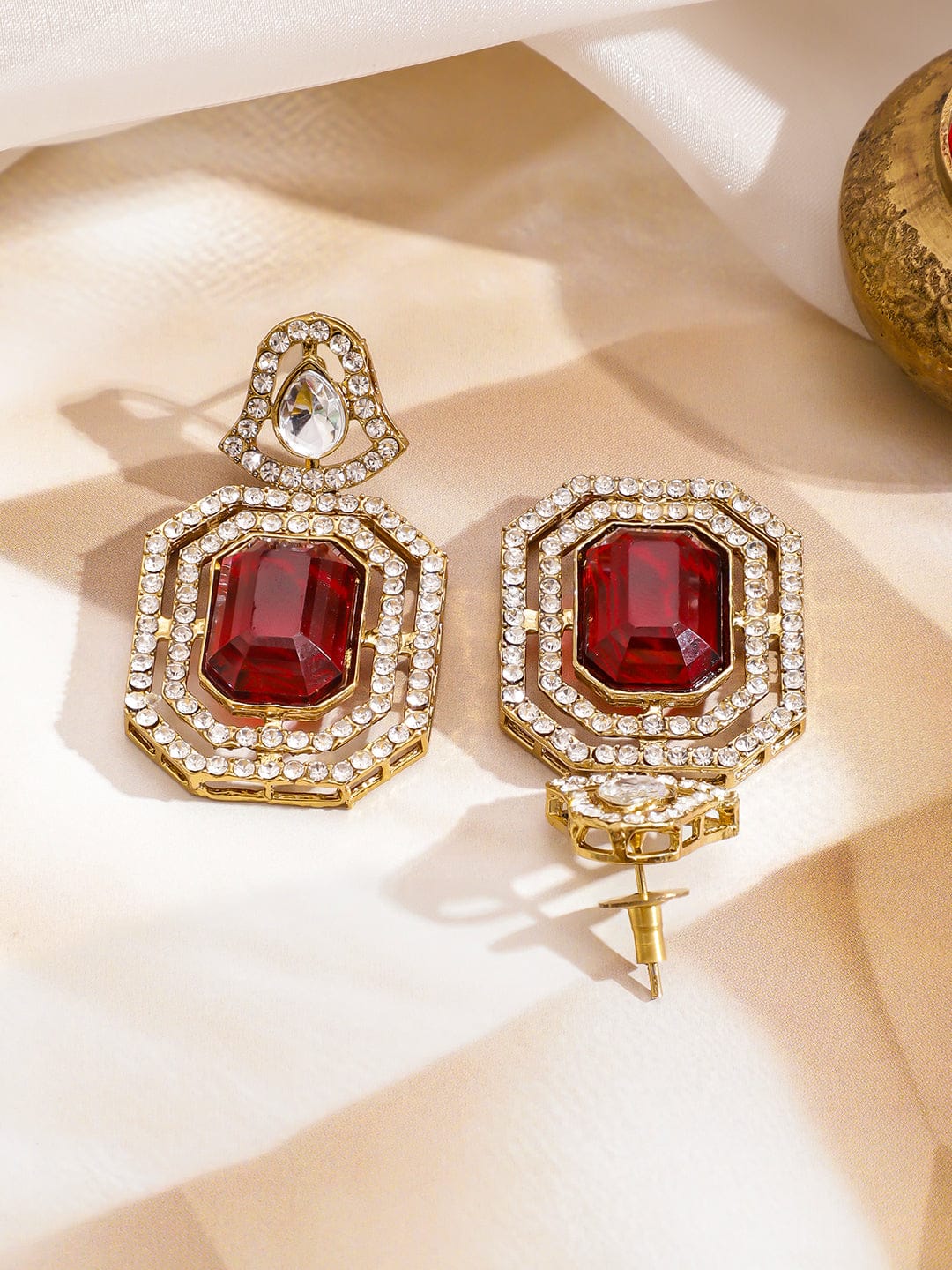 Rubans 22K Gold-Plated Ruby Red Stone Multilayer White Kundan & Cubic Zirconia Necklace Set Jewellery Set