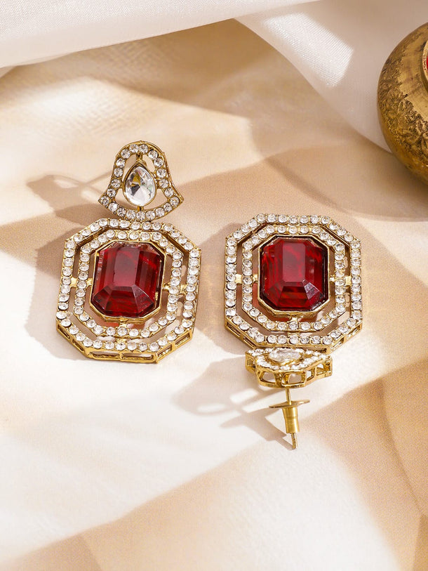 Rubans 22K Gold-Plated Ruby Red Stone Multilayer White Kundan & Cubic Zirconia Necklace Set Jewellery Set