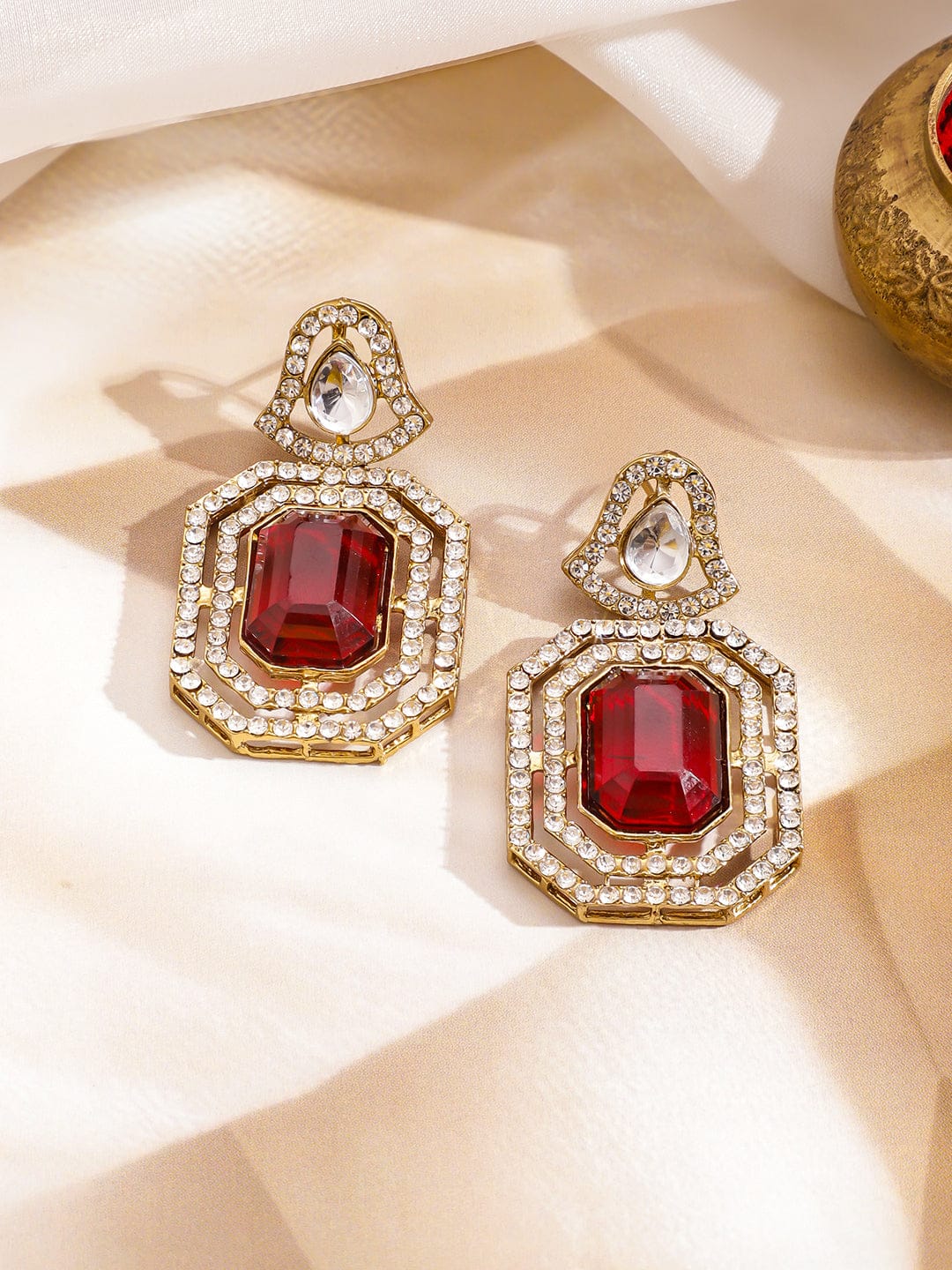 Rubans 22K Gold-Plated Ruby Red Stone Multilayer White Kundan & Cubic Zirconia Necklace Set Jewellery Set