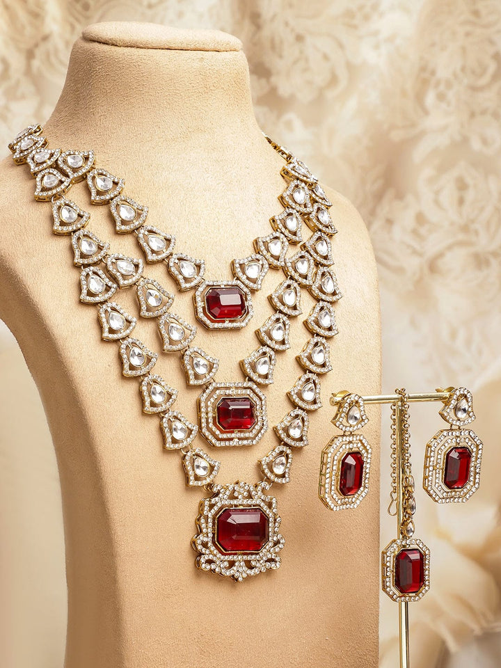 Rubans 22K Gold-Plated Ruby Red Stone Multilayer White Kundan & Cubic Zirconia Necklace Set Jewellery Set