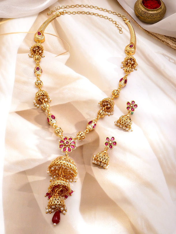 Rubans 22K Gold-Plated Ruby Red Stone & Pearl Beaded Long Necklace Set with Jhumka Earrings Jewellery Set