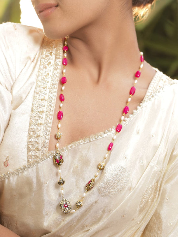 Rubans 22K Gold-Plated Ruby Red Stone, Pearl & Enamel Detailed Long Beaded Necklace Necklaces, Necklace Sets, Chains & Mangalsutra