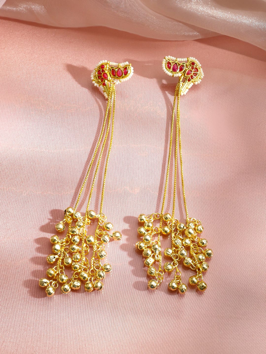 Rubans 22K Gold-Plated Ruby Red Stone Shoulder Duster Earring with Multi-Chain Golden Beads Earrings