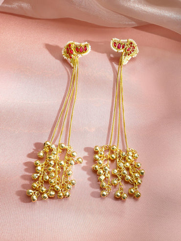 Rubans 22K Gold-Plated Ruby Red Stone Shoulder Duster Earring with Multi-Chain Golden Beads Earrings