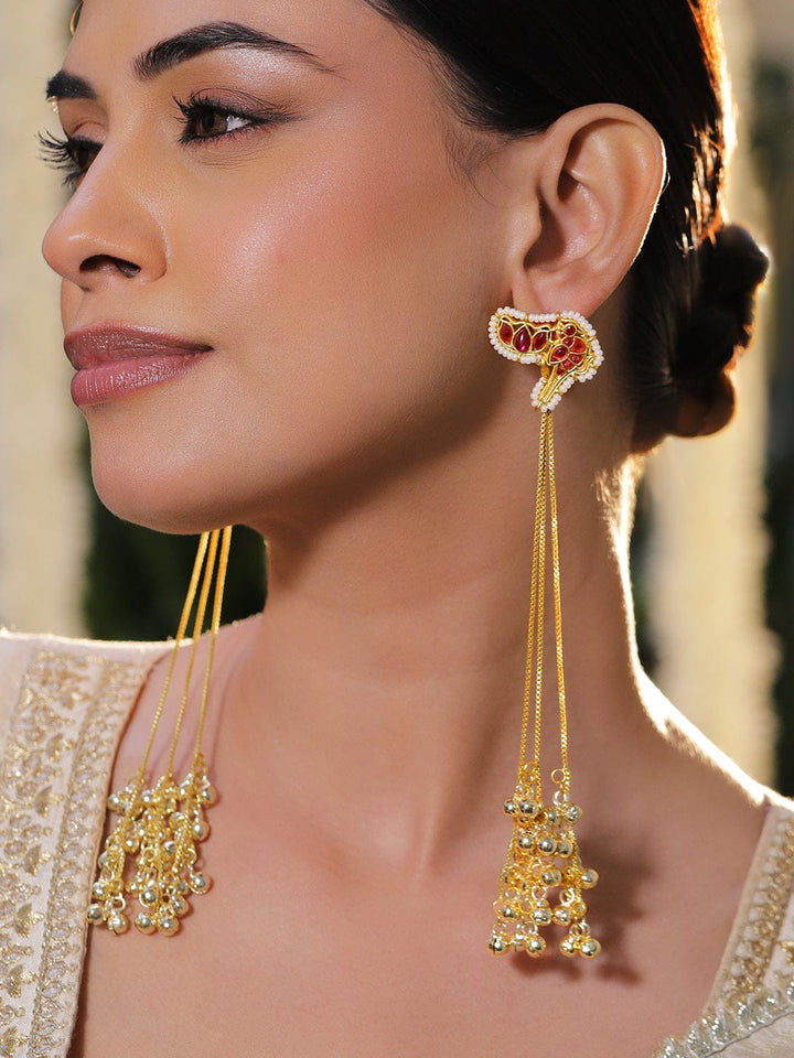 Rubans 22K Gold-Plated Ruby Red Stone Shoulder Duster Earring with Multi-Chain Golden Beads Earrings