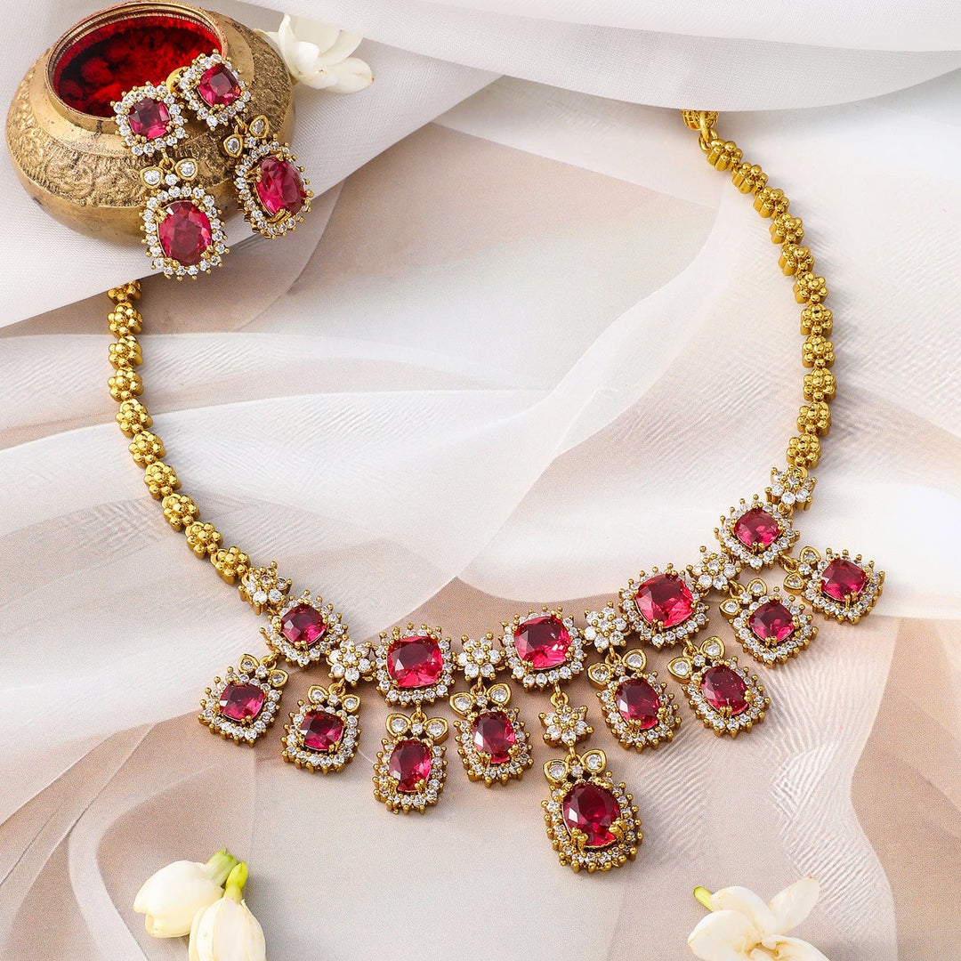 Rubans 22K Gold-Plated Ruby Red Stone & Sparkling Cubic Zirconia Studded Necklace Set Jewellery Set